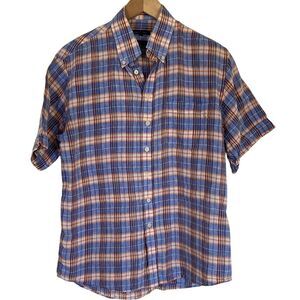 DalyDress Mens 100% Linen Short Sleeve Button‎ Front Shirt Size M Blue Orange